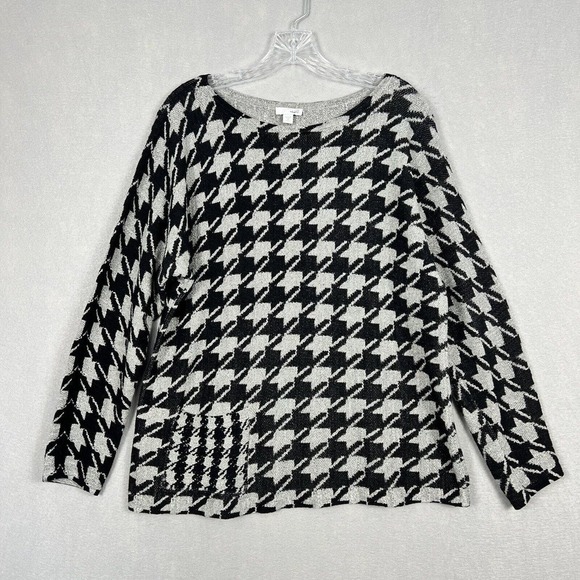 J. Jill Top Size Medium Petite Gray Houndstooth Long Sleeve Sweater Tunic - Picture 1 of 11